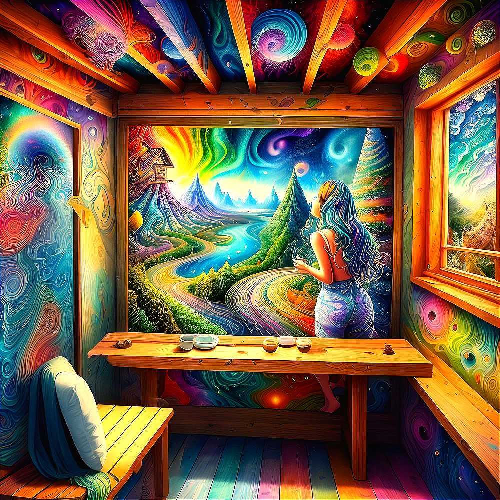 Psychedelic Room with Colorful Mural and Tea Set