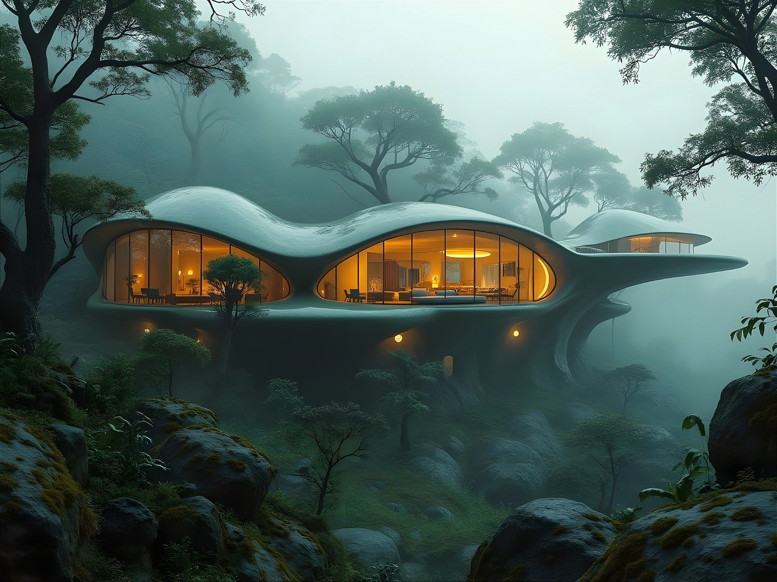 Futuristic Home Design in a Misty Forest Setting
