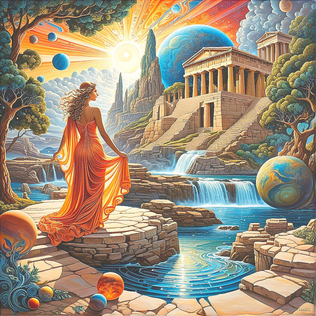 Majestic Woman in Orange Gown by Ancient Temple