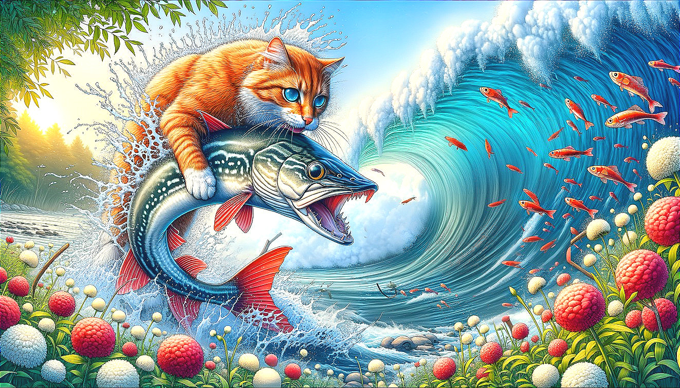 Whimsical Scene of Cat Riding a Fish in Vibrant Setting