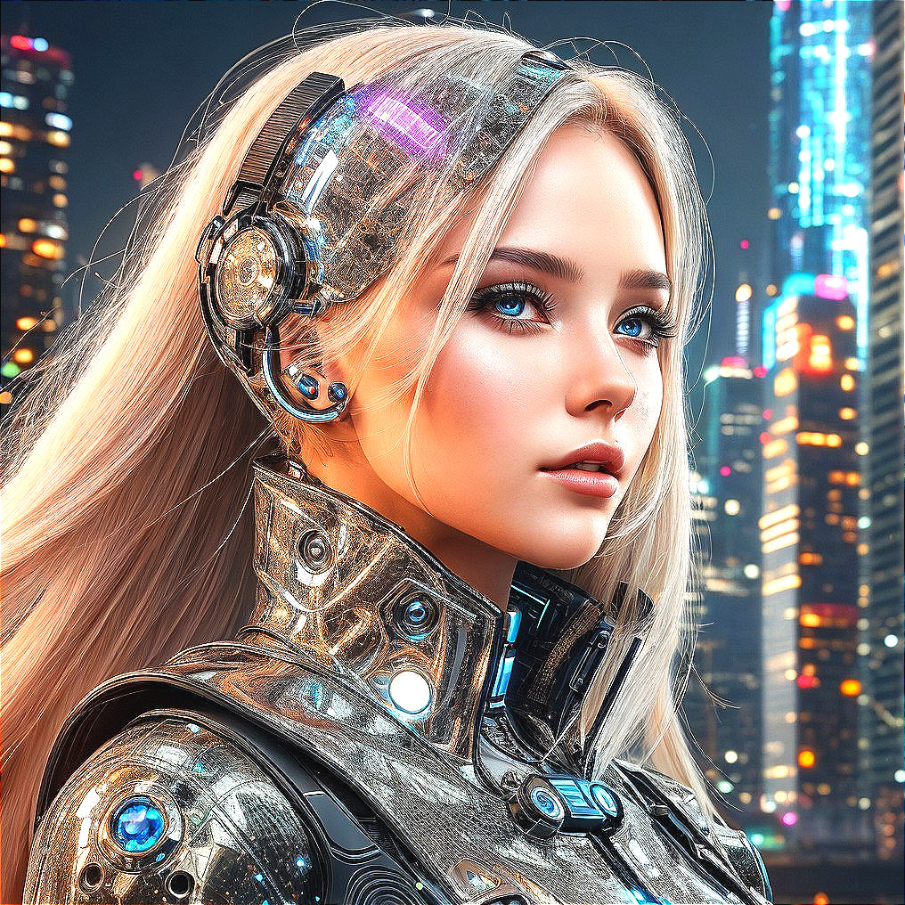 Futuristic Woman in Cybernetic Suit with Cityscape Background