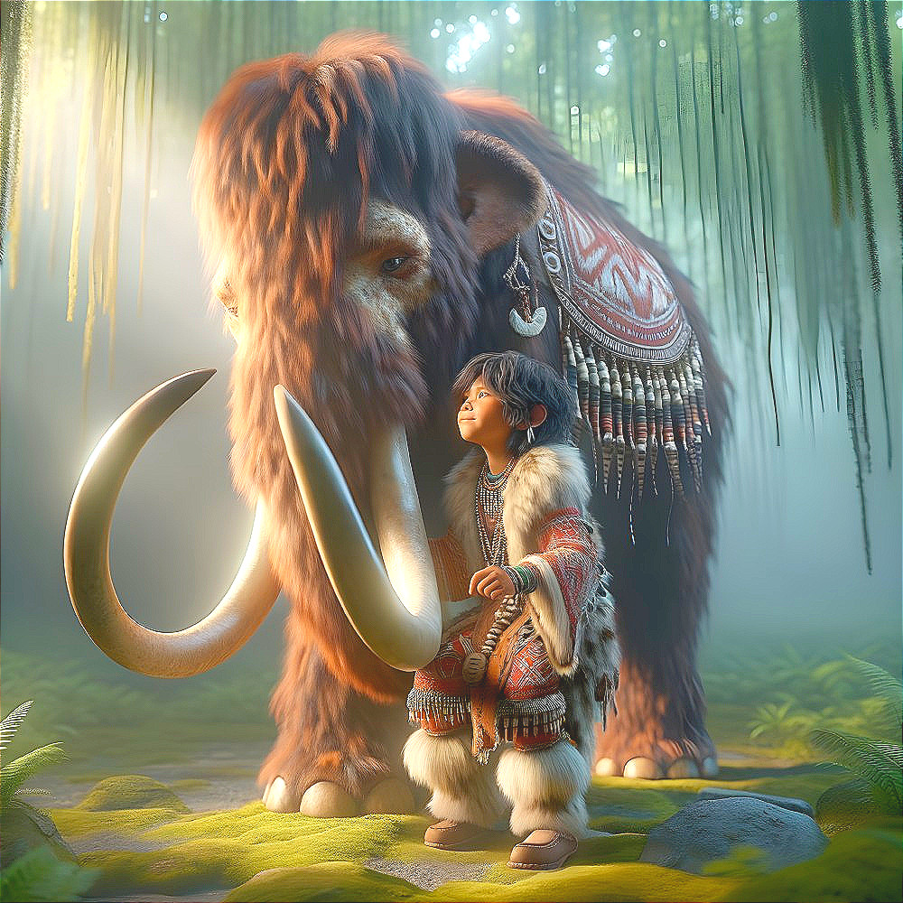 Child in fur clothing beside a woolly mammoth in forest