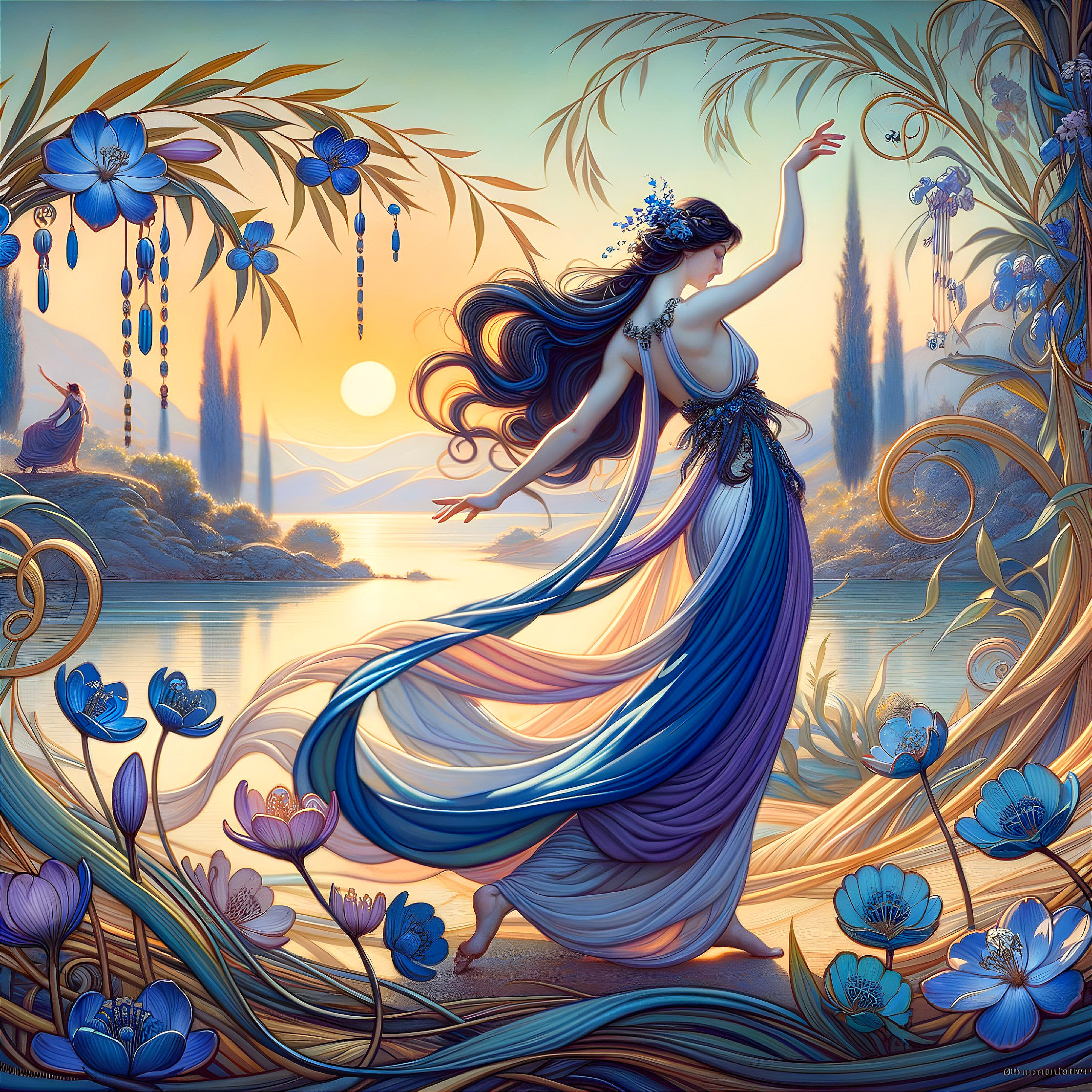 Woman in flowing gown dances by tranquil river at sunset