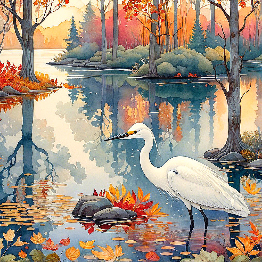 Tranquil Lake Surrounded by Autumn Foliage and Heron