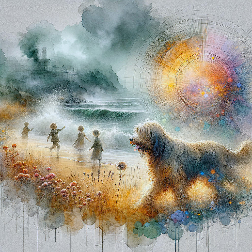 Whimsical Seaside Scene with Children and Dog