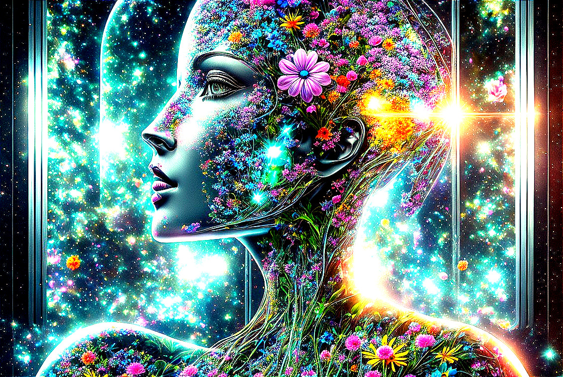 Colorful digital art: Woman's profile with cosmic and floral elements
