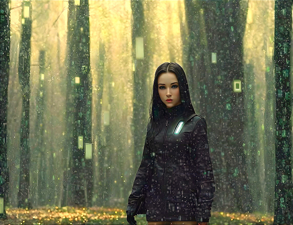 Woman in misty forest with glowing particles, wearing black outfit and luminous emblem.