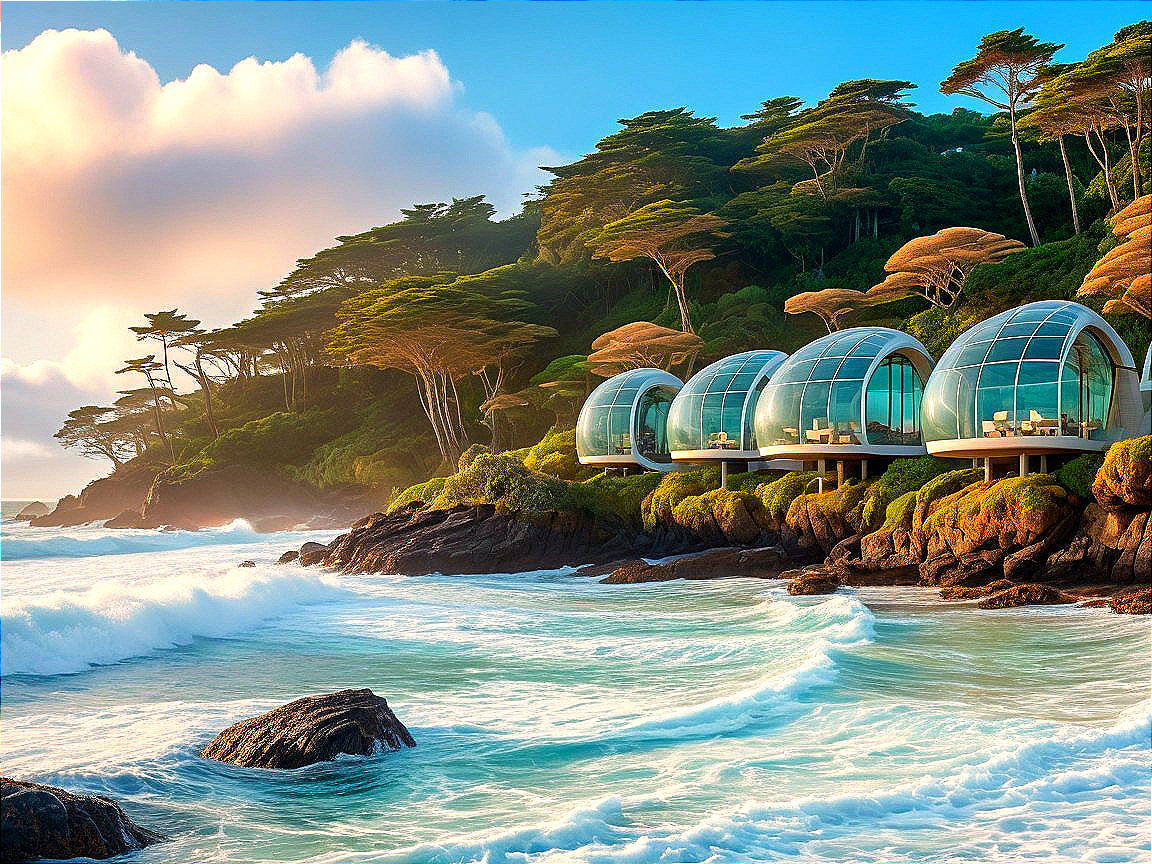 Glass-Domed Structures on Rugged Coastal Landscape