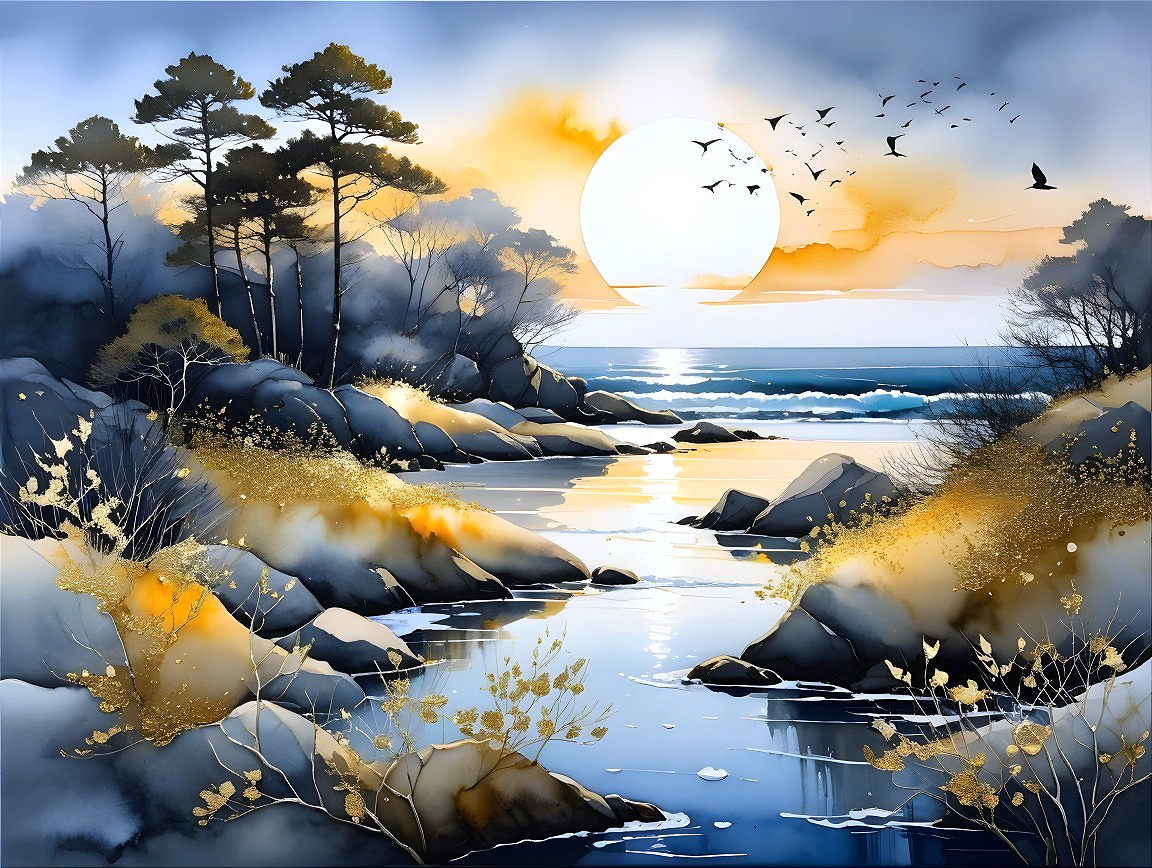 Coastal Sunset Landscape with Reflective Waters