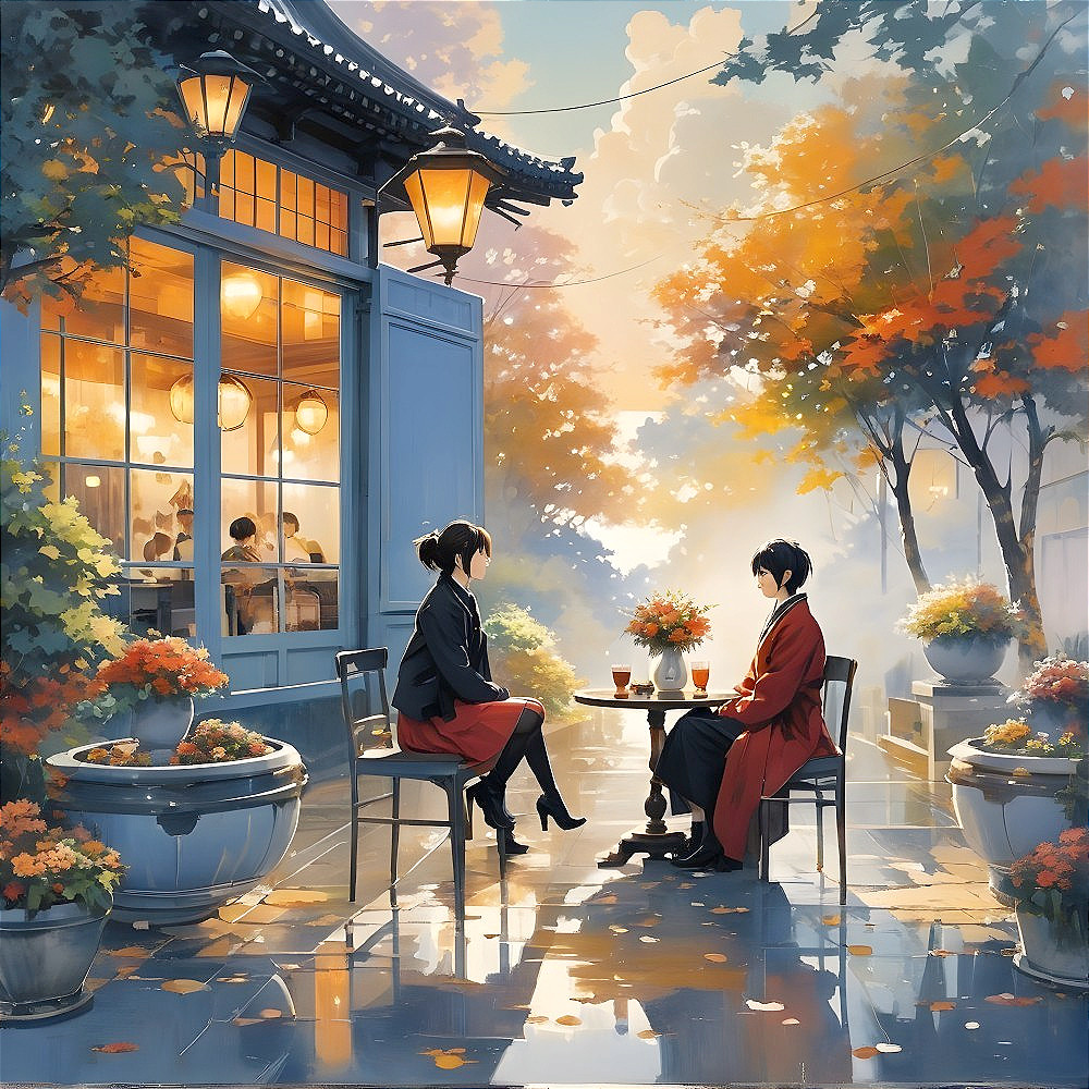 Serene outdoor café scene with autumn foliage
