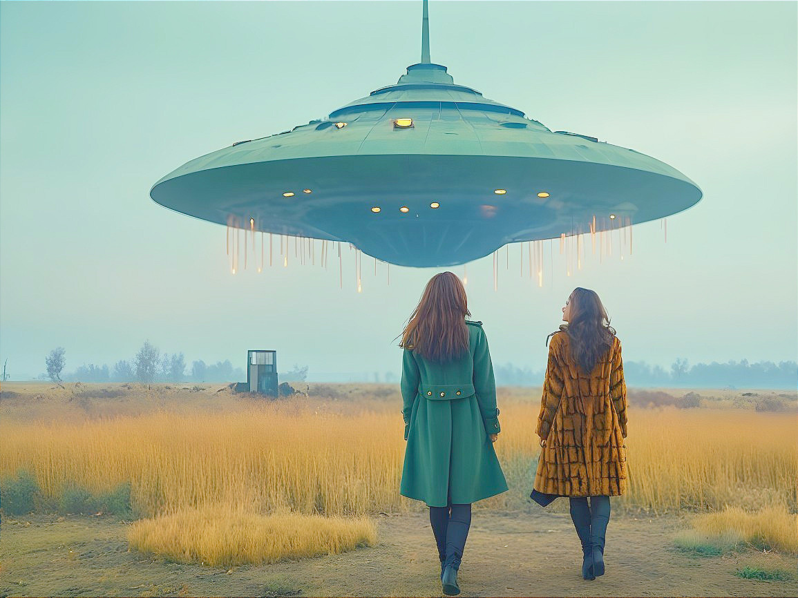 Women in a golden field observe a hovering UFO