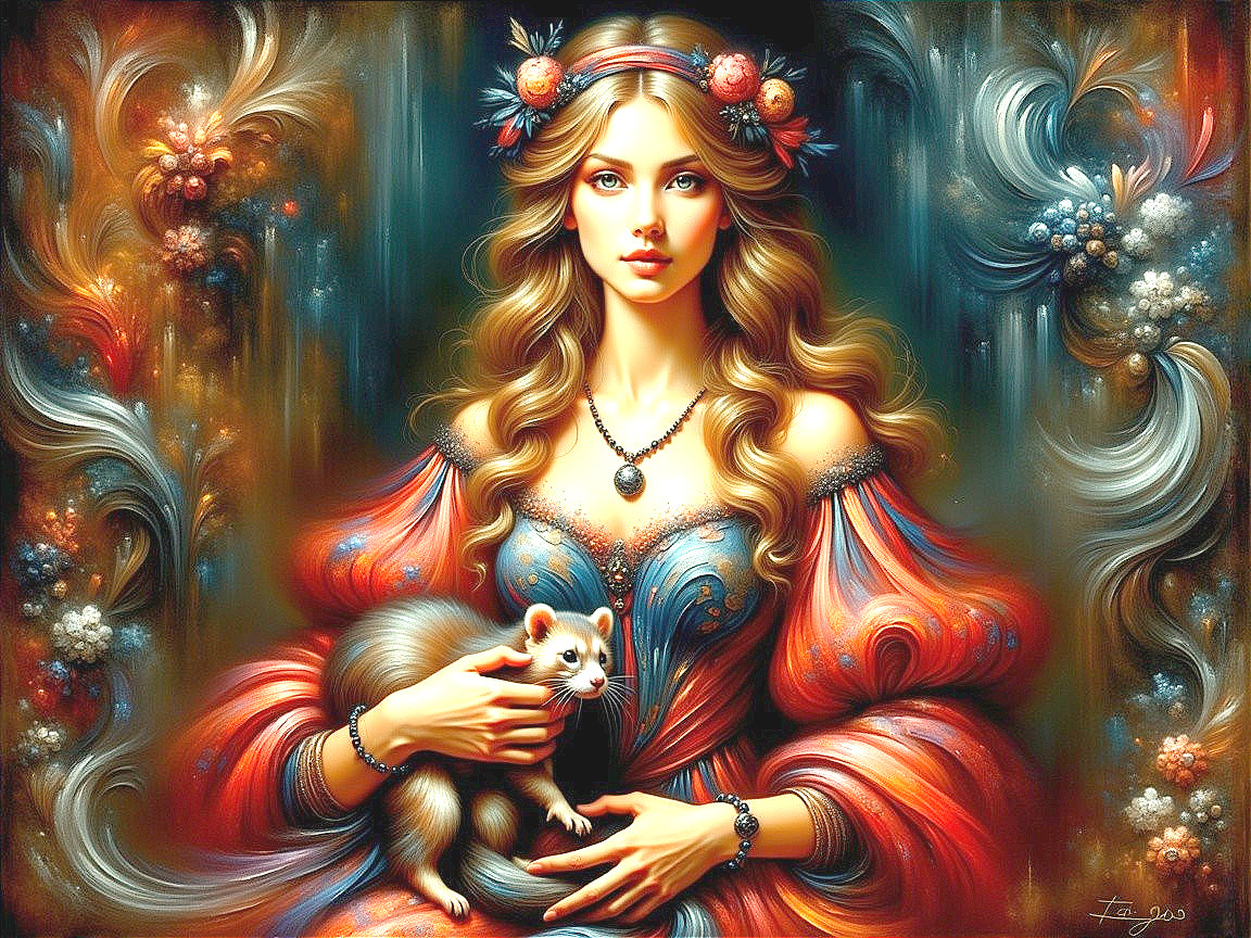 Regal woman in vibrant gown with ferret and floral accents