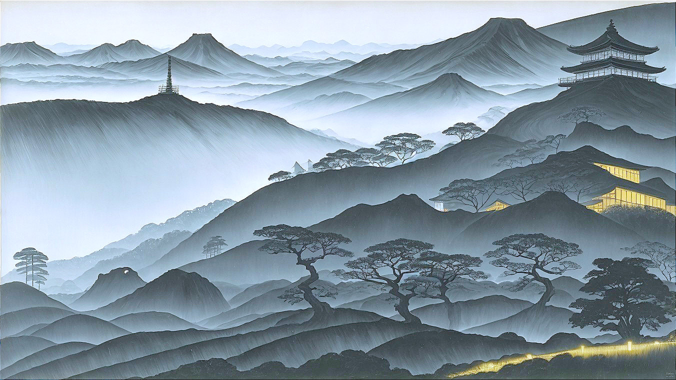 Serene Mountain Landscape with Pagodas and Mist