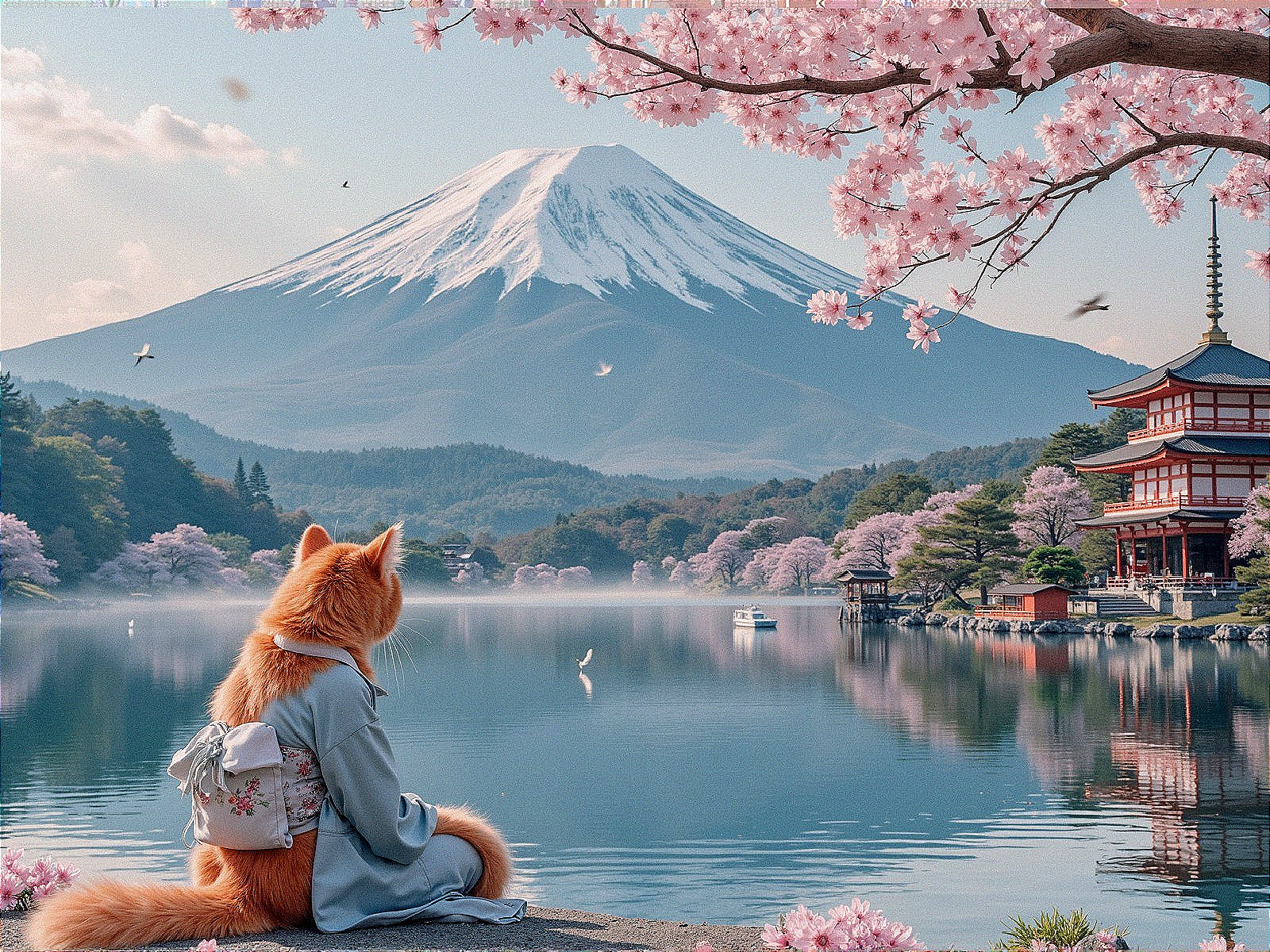 Mount Fuji Surrounded by Cherry Blossoms and Pagoda
