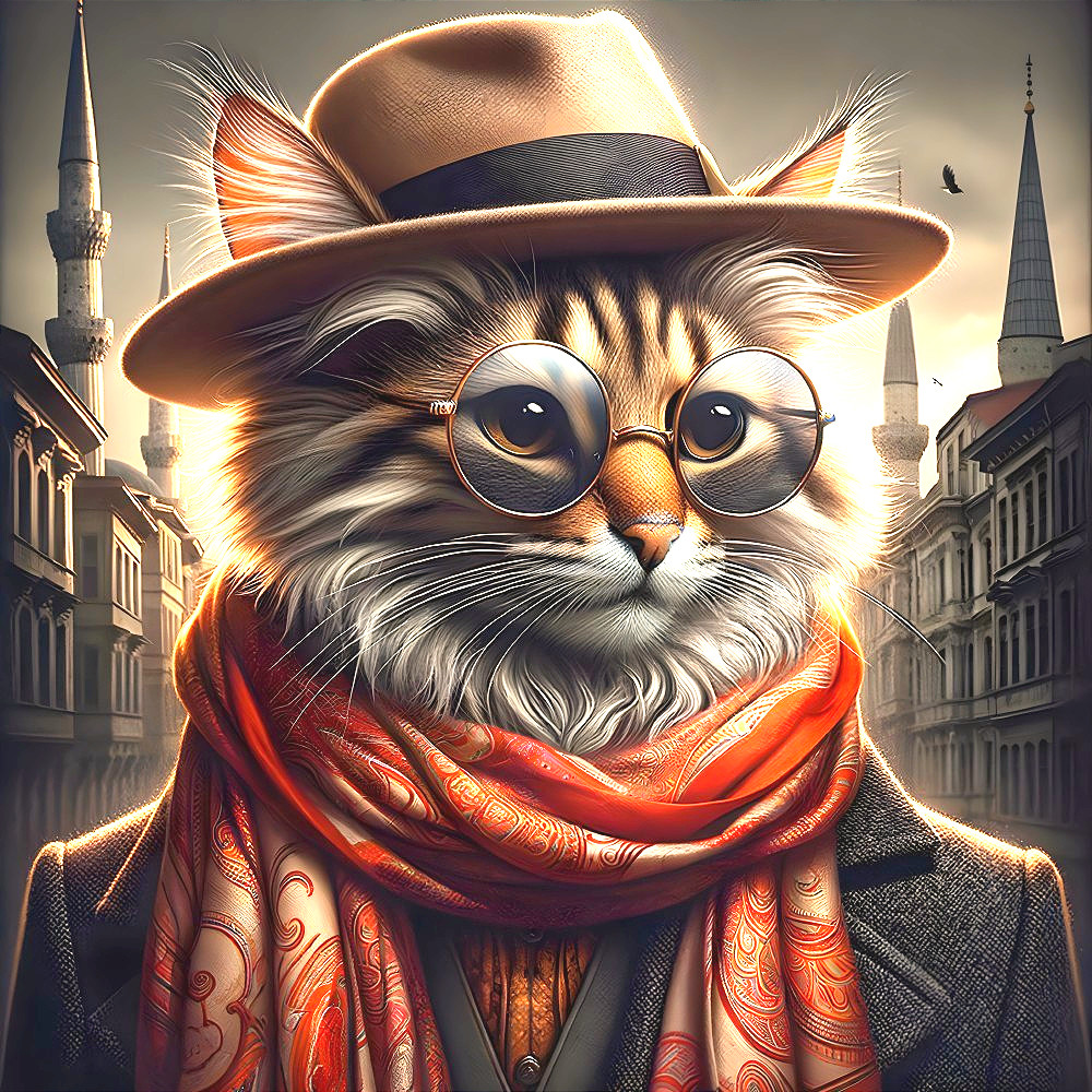 Stylish Cat in Hat and Scarf Against Cityscape