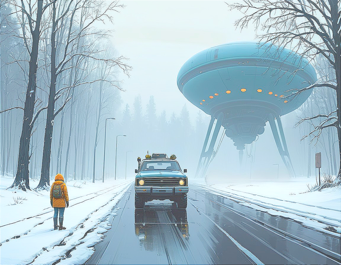 Turquoise UFO Over Snowy Road with Lone Figure