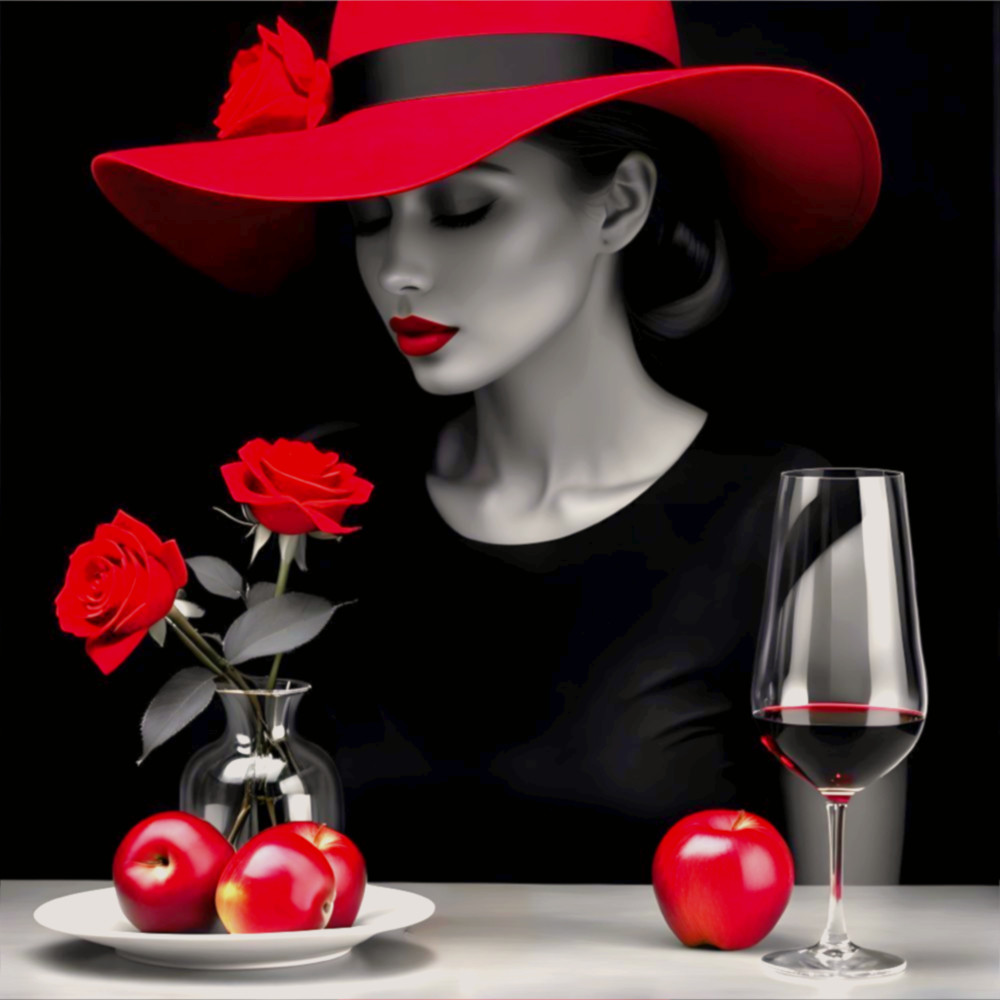Black-and-White Portrait of Woman with Red Hat