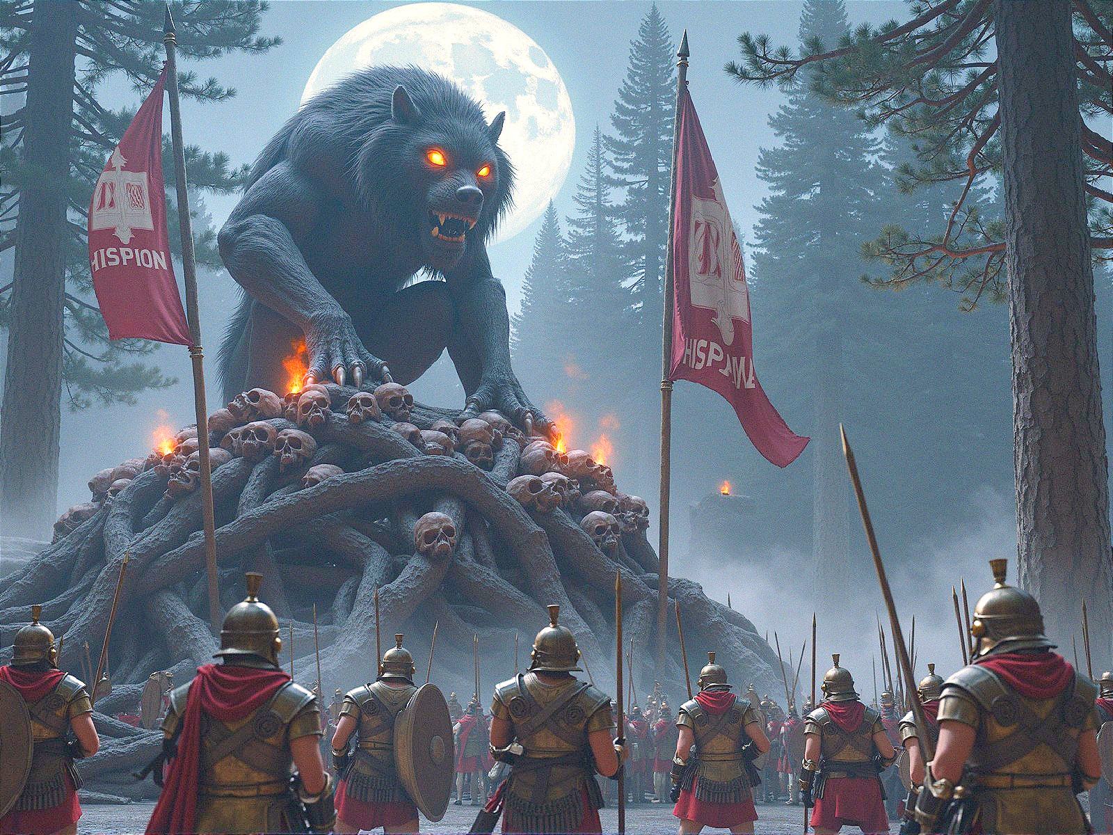 Wolf-like Creature in Moonlit Forest with Warriors