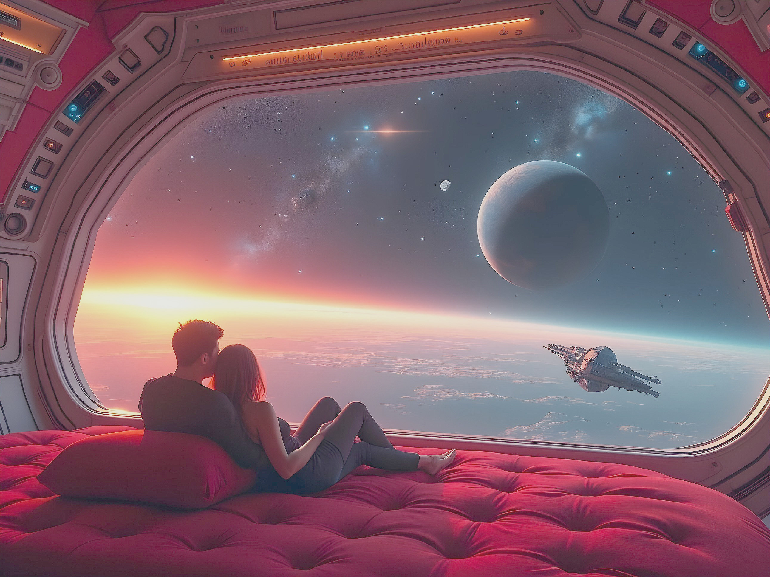 Couple on Vibrant Bed Overlooking Cosmic Sunset View