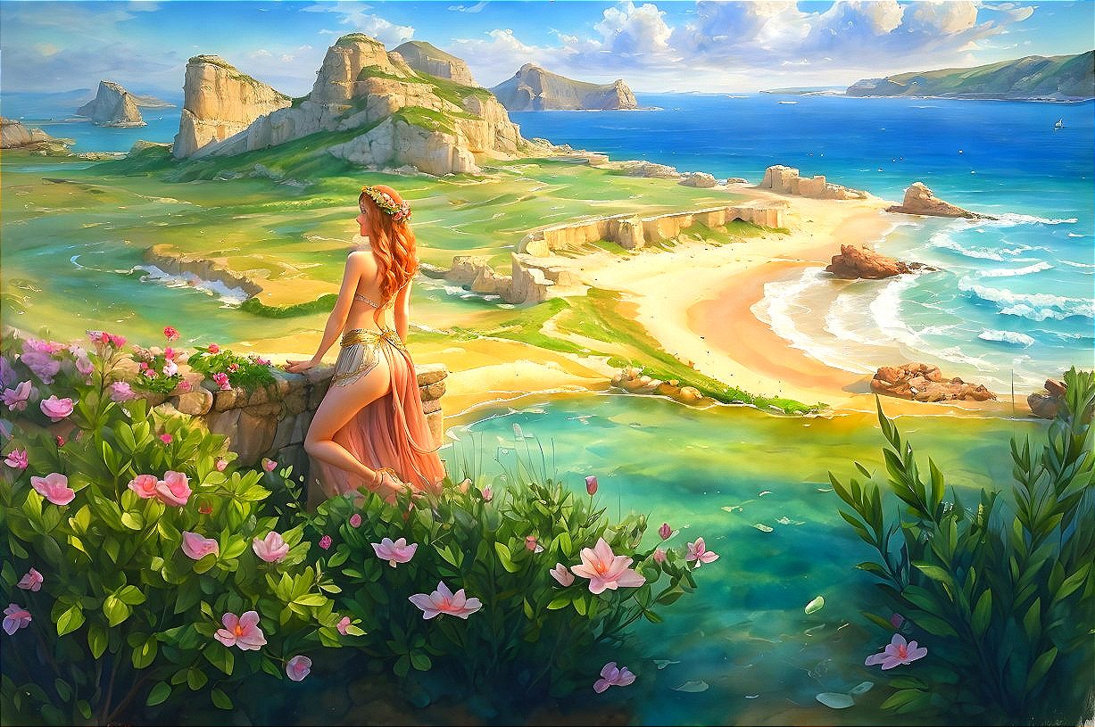 Coastal Landscape with Cliffs, Beach, and Flowers