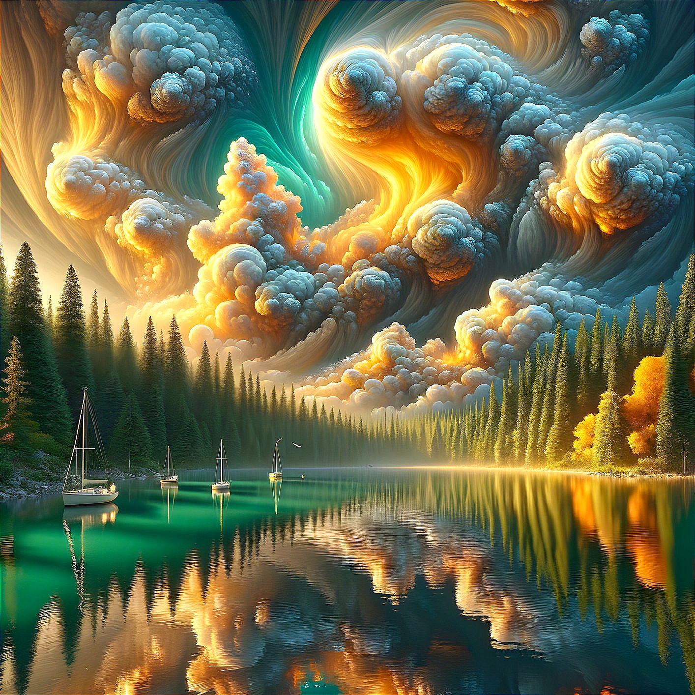 Tranquil Lake Sunset with Sailboats and Evergreen Trees
