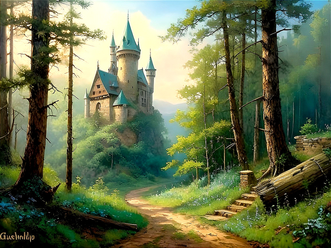 Majestic castle on a hill amid lush forest scenery