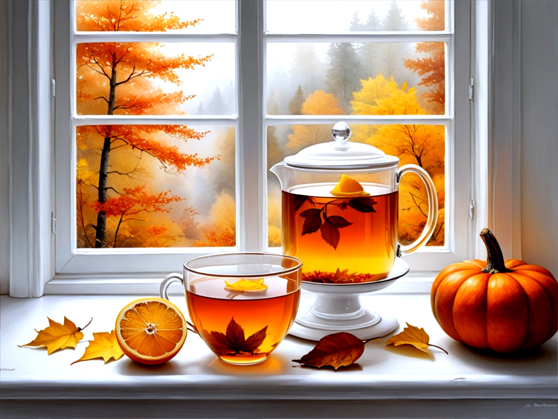 Cozy Autumn Scene with Teapot and Foliage View