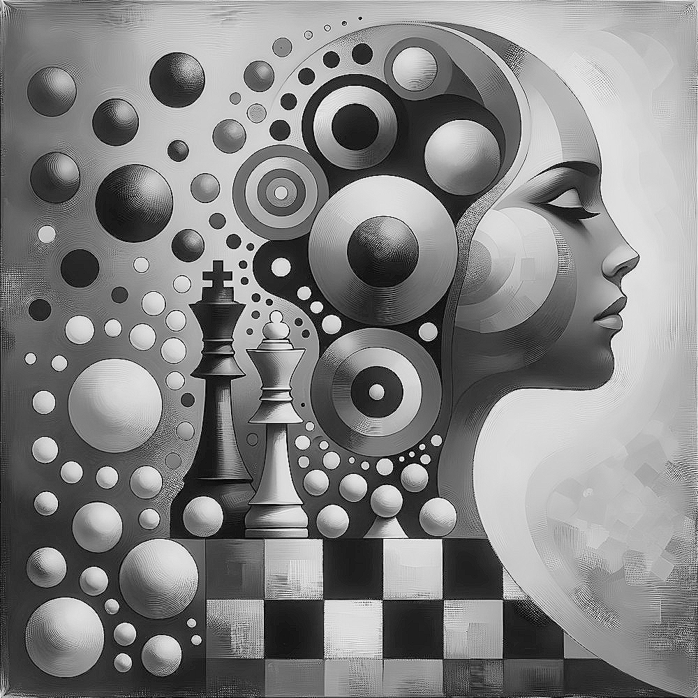 Monochrome Woman's Profile with Chess Pieces and Shapes