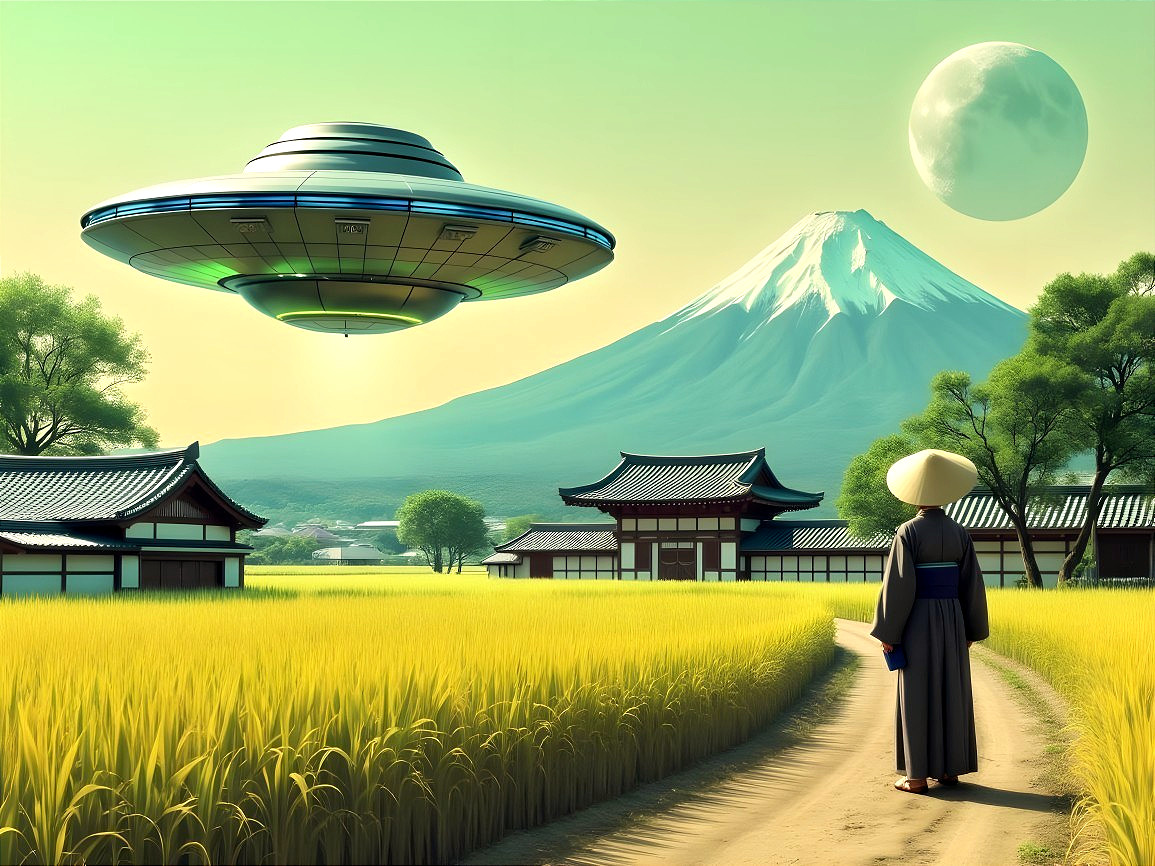 Japanese Village with Rice Fields and UFO Above Mountain