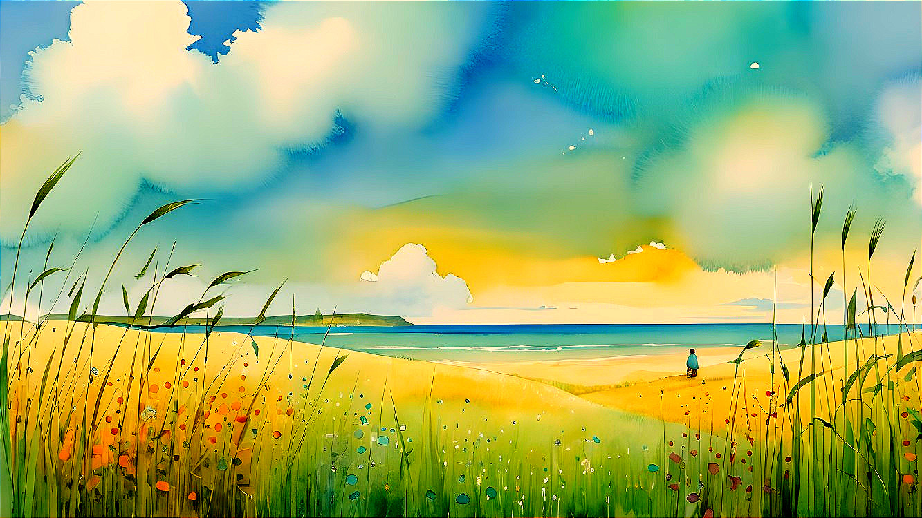 Coastal Scene with Golden Fields and Tranquil Sea