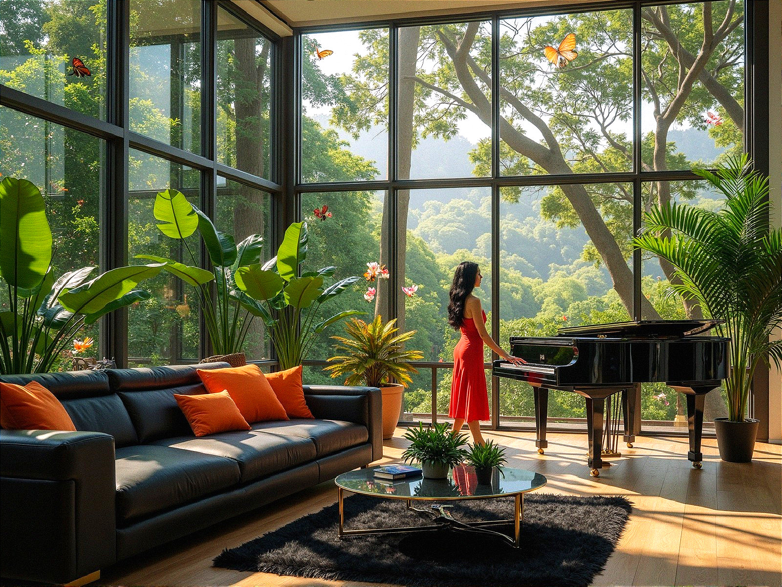Modern Living Room with Grand Piano and Greenery View