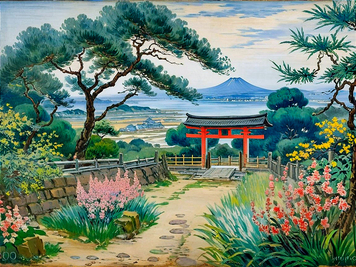 Serene Landscape with Red Torii Gate and Mountain