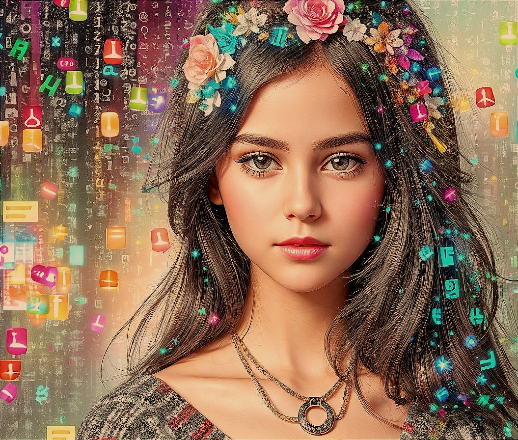 Digital artwork: Young woman with floral hair adornments on vibrant backdrop.