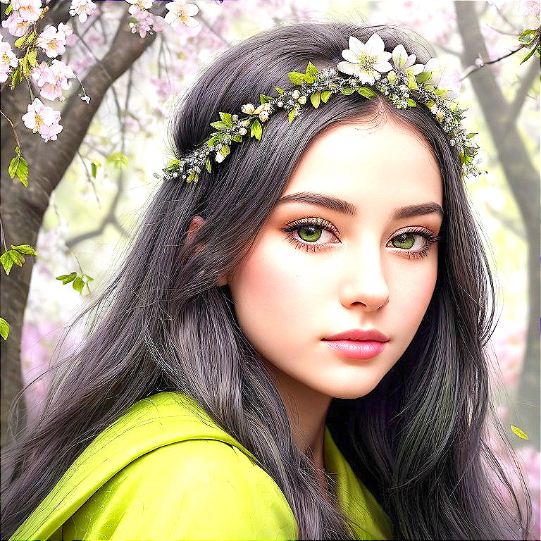 Young woman with gray hair and floral crown