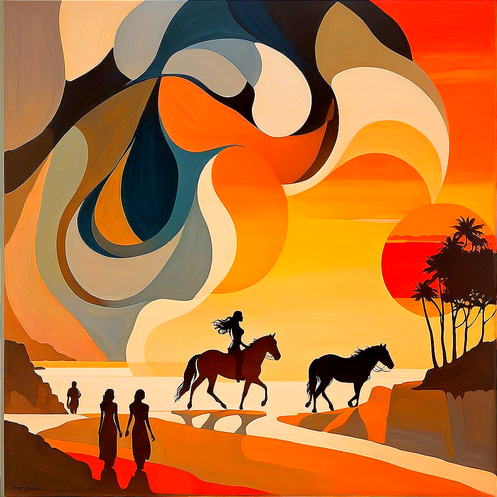 Vibrant Sunset Scene with Abstract Shapes and Silhouettes