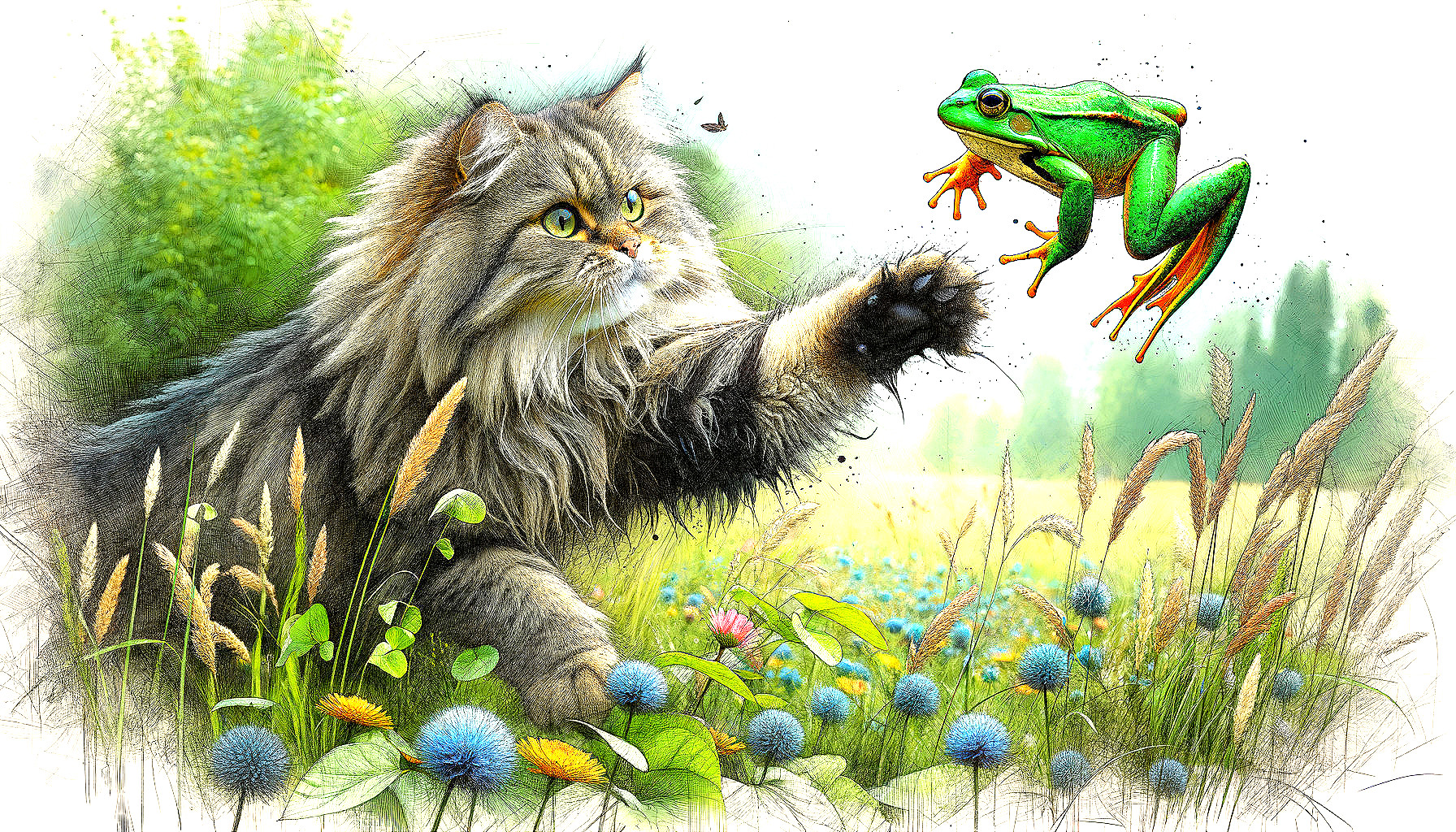Fluffy Cat and Frog in a Colorful Meadow Scene