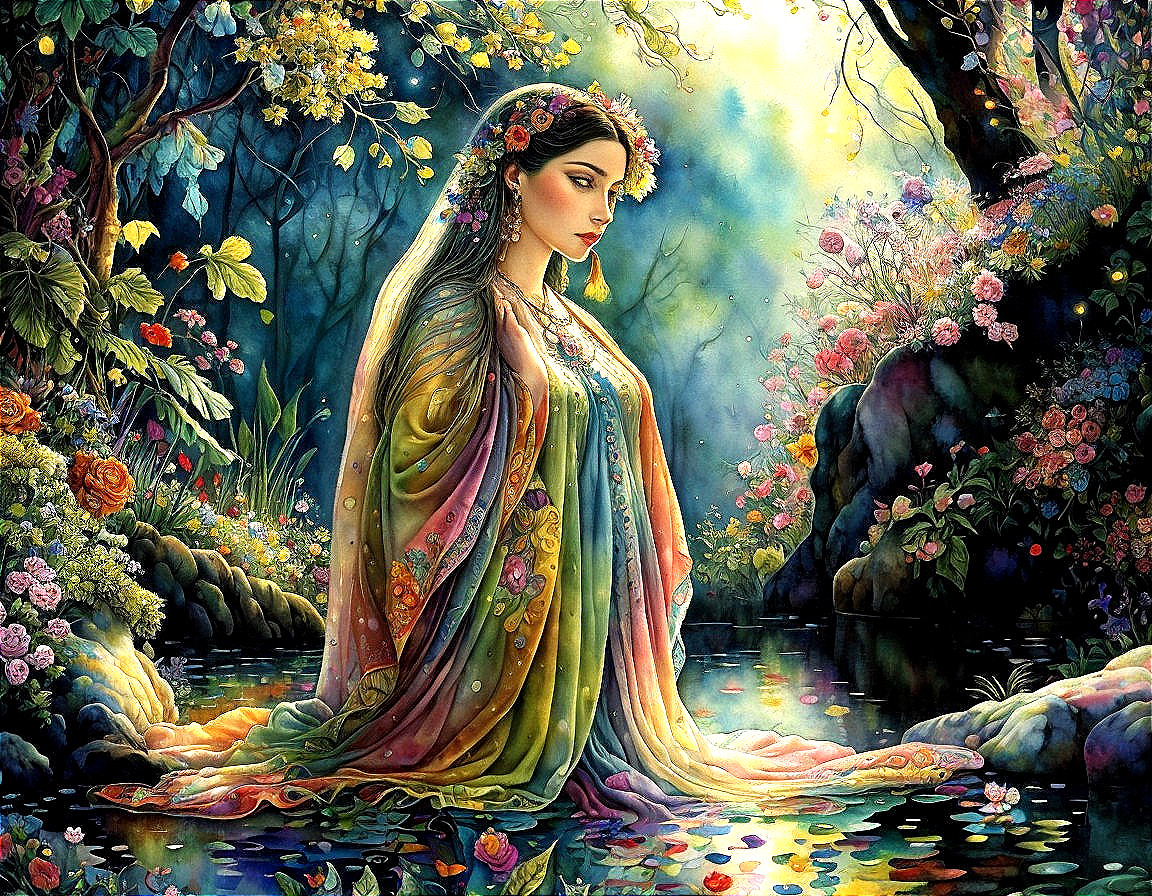 Serene Woman by Tranquil Pond in Lush Setting
