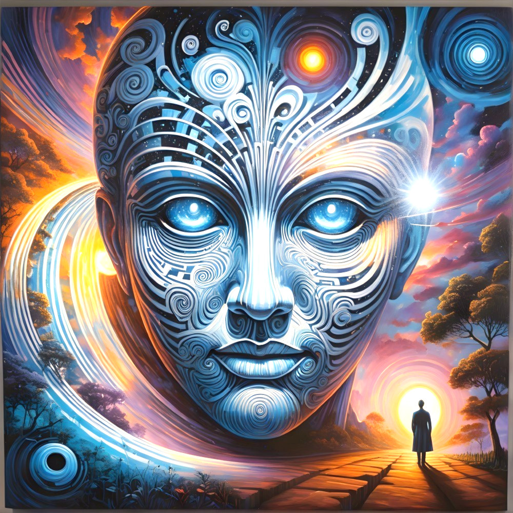Surreal landscape with intricate face and vibrant sky