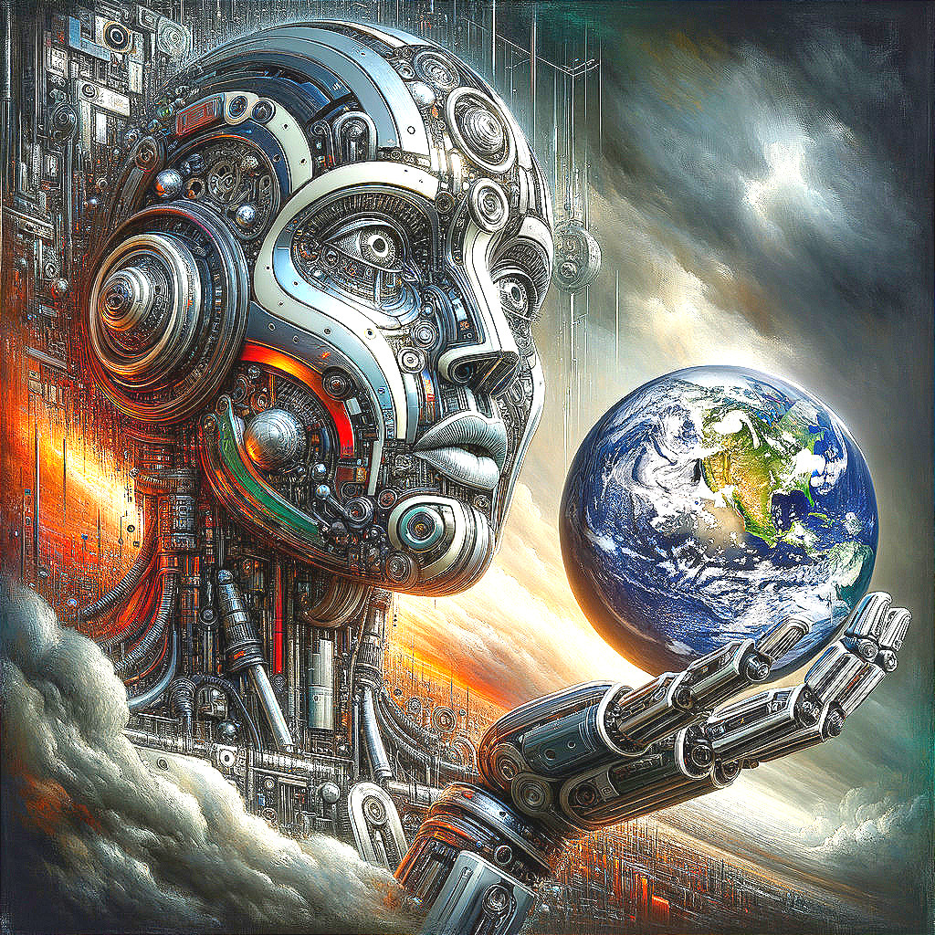 Futuristic Robotic Figure Holding Globe in Vibrant Scene