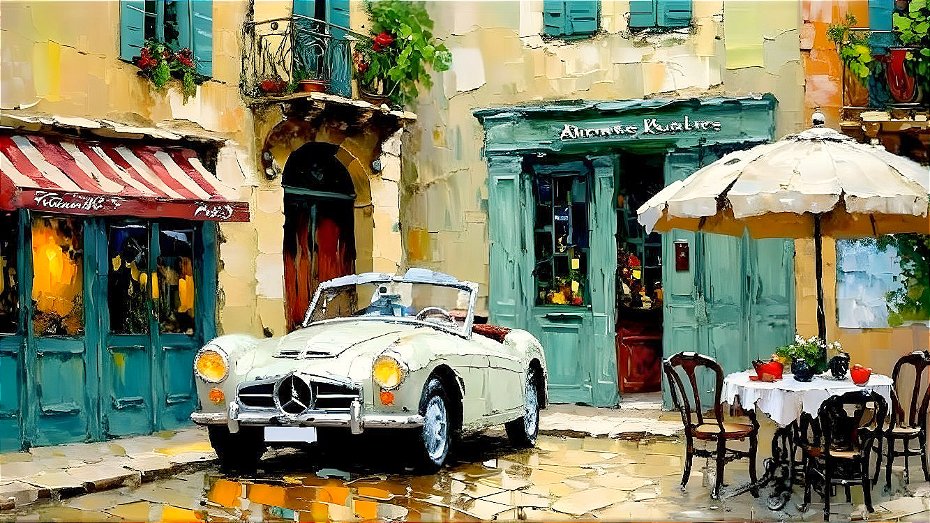 Vintage Convertible by Quaint Café on Cobblestone Street