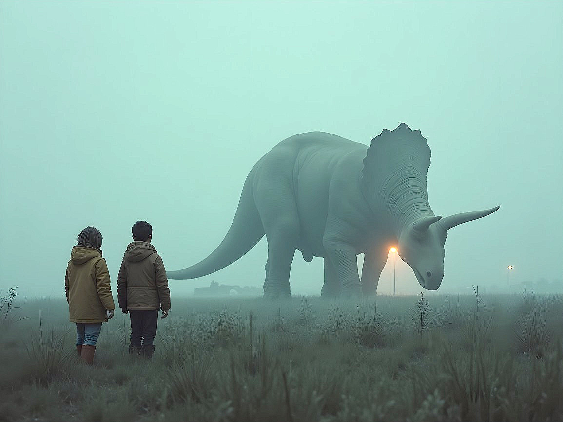 Foggy Landscape with Children and Giant Triceratops
