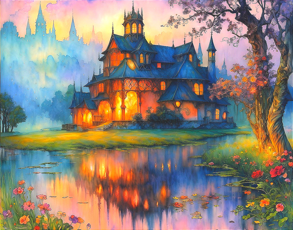 Whimsical Castle by Serene Lake with Golden Lights