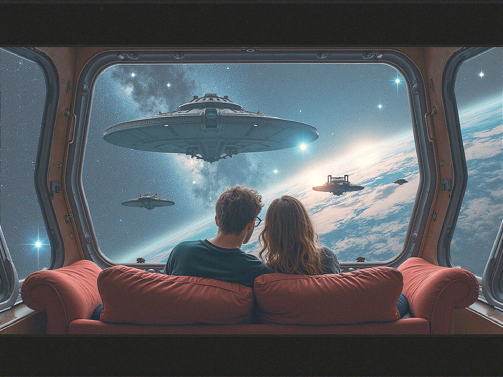 Couple on Couch Observing Cosmic Scene Through Window