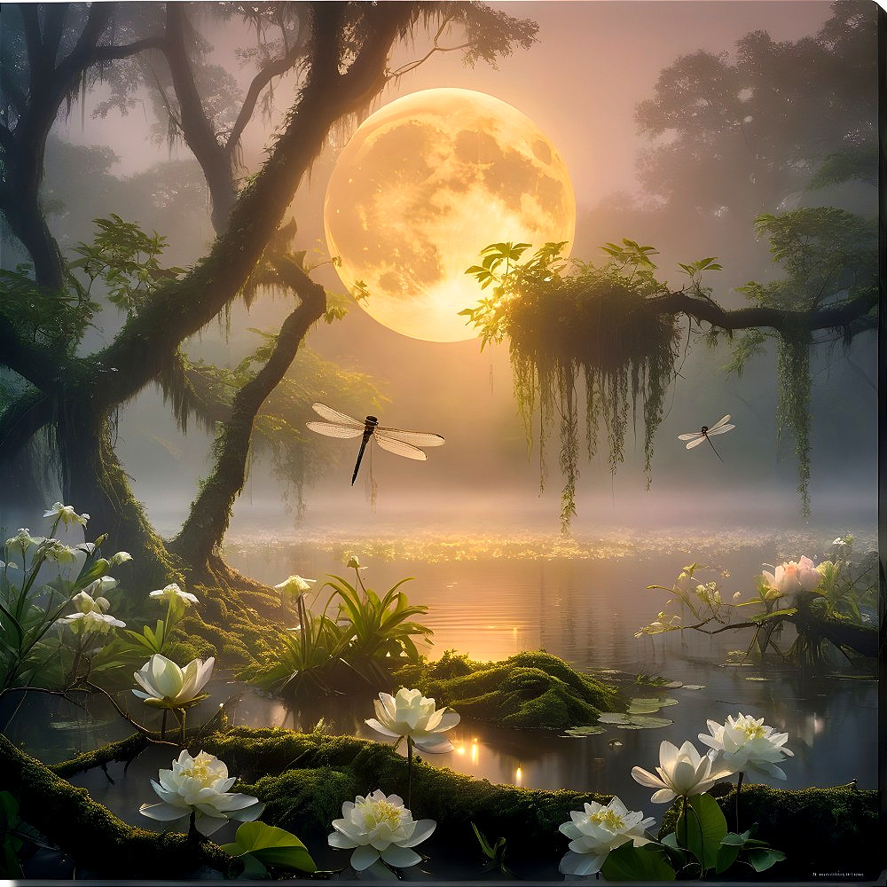 Luminous Full Moon Over Misty Lake Landscape