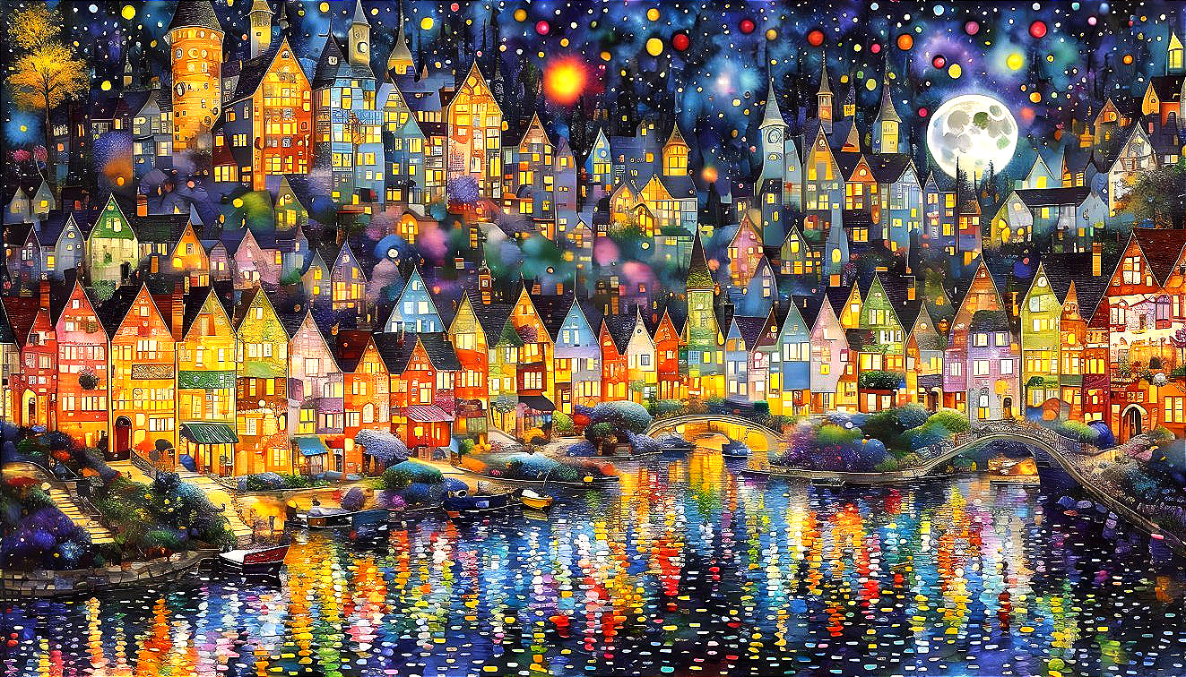Whimsical Village Under Starlit Sky and Lanterns