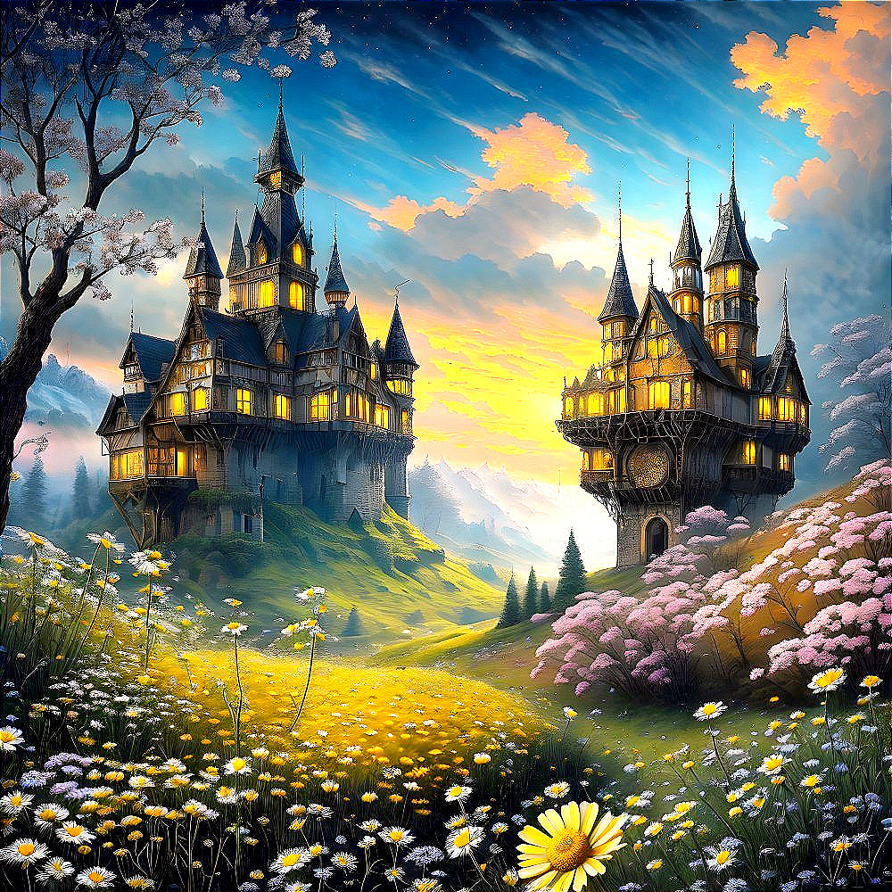 Majestic castle in fantastical landscape with blooming flowers under vibrant sunset sky