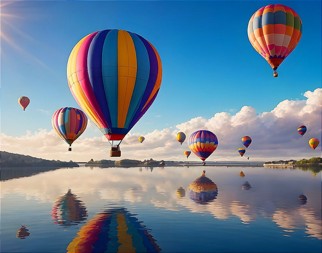 Colorful Hot Air Balloons Over Calm Water Surface