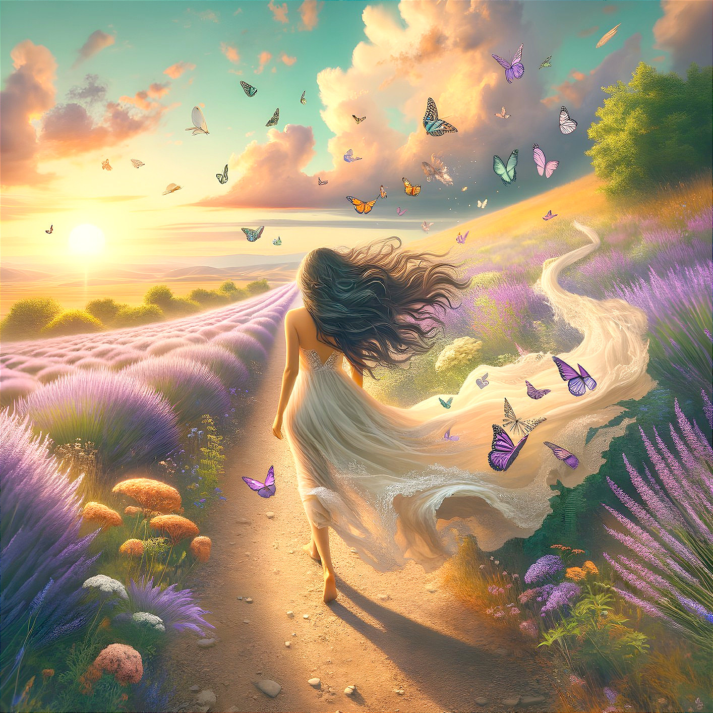 Woman Walking Through Lavender Fields at Sunset