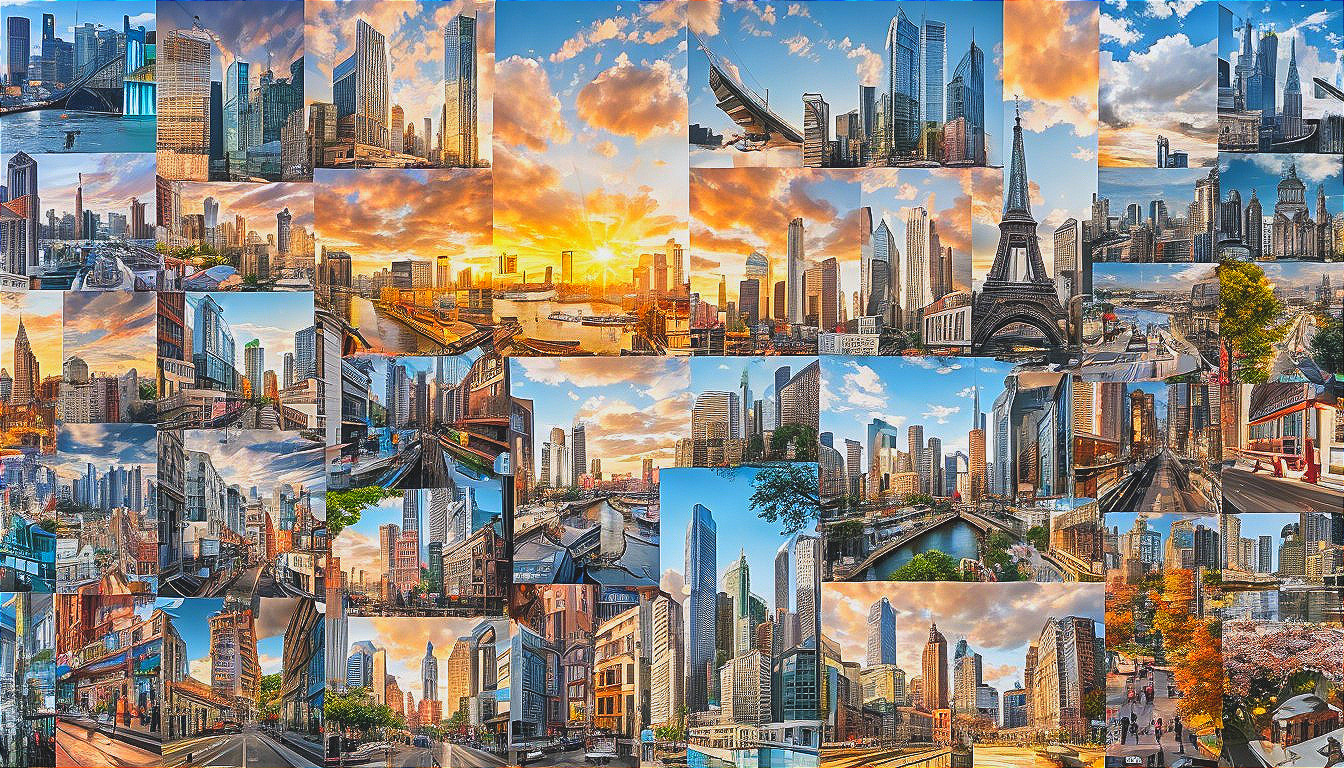 Vibrant Urban Landscape Collage with Dramatic Sky