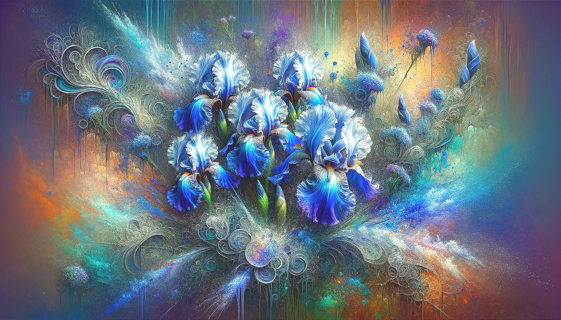 Vibrant Bouquet of Blue Irises with Abstract Patterns